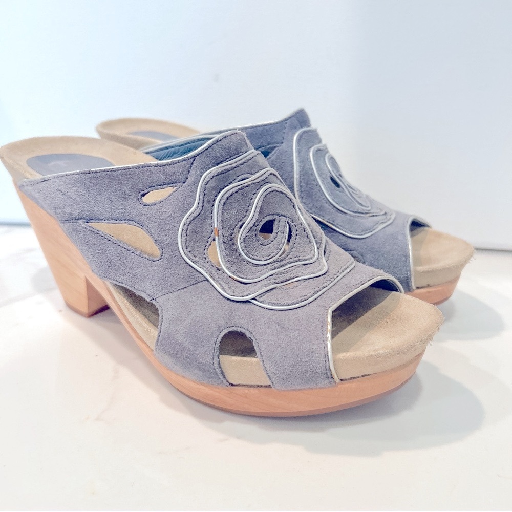Earthies Tropez Blue Leather Platform Clog Sandals Slide On Chunky Heels 8